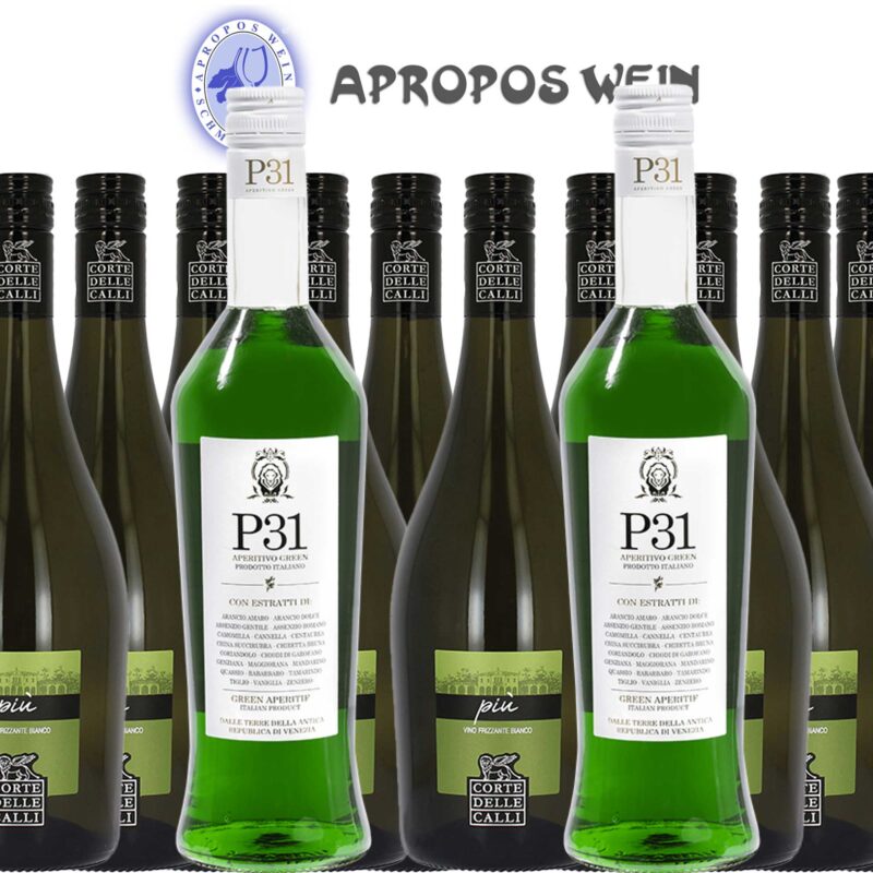 216141 Product Jetzt im Sommer-Sale das Paket versandkostenfrei sichern!<br> Genießen Sie den P31 Green Spritz, indem Sie 4 cl P31 mit 0,2 l des mitgelieferten Piu Vino Frizzante Bianco vermischen. Garnieren Sie nach Belieben mit Eis, Limette und vielleicht sogar Orange, und lassen Sie sich von diesem erfrischenden und belebenden Drink verwöhnen. Jeder Schluck entführt Sie in die zauberhafte Atmosphäre Venedigs und versetzt Sie in Urlaubsstimmung.