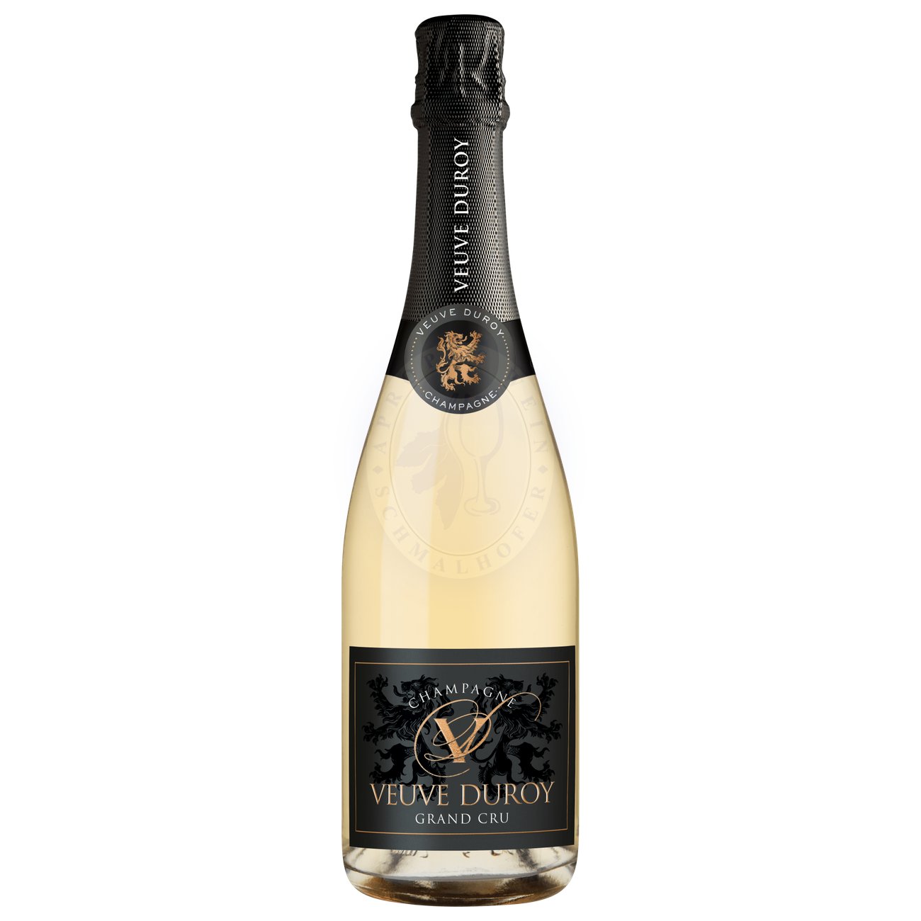 468140 Product Der Champagne Veuve Duroy Grand Cru Brut ist ein besonders hochwertiger Vertreter seiner Klasse – kraftvoll, präzise und mit bemerkenswerter Tiefe. Bereits im Glas zeigt er sich in einem strahlenden Goldgelb mit feinster, anhaltender Perlage, die seine sorgfältige Reifung auf der Hefe widerspiegelt. Die Nase ist intensiv, vielschichtig und klar strukturiert: Aromen von reifen Äpfeln, Zitruszesten, Mirabellen und weißen Blüten verbinden sich mit dezenten Brioche-, Haselnuss- und Honignoten 3591449990023