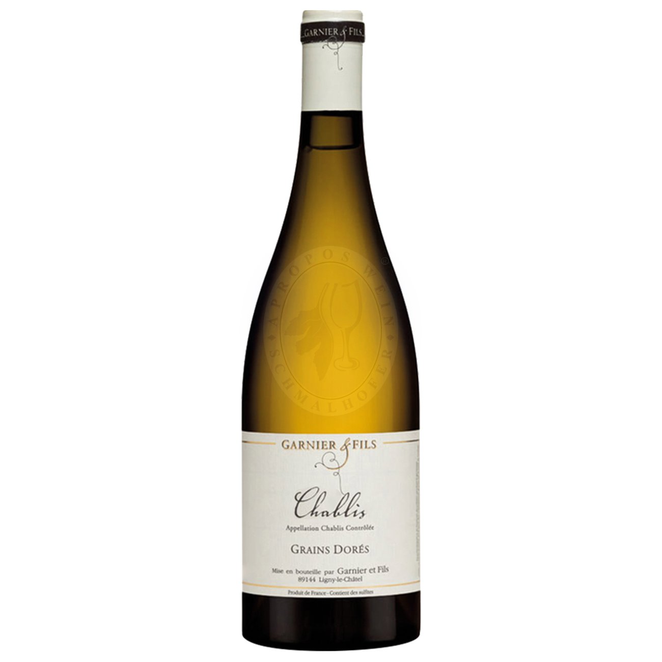 560043 Product Der Chablis Grains Dorés AOP 2022 von Domaine Garnier & Fils präsentiert sich in einem hellen Weißgoldton. In der Nase entfalten sich feine, pudrige Aromen mit einem Hauch von Birne und Brioche. 3760158490876-2022