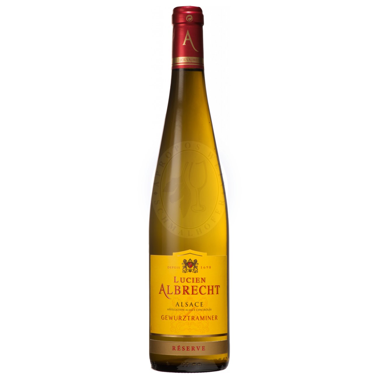630441 Product Im Glas zeigt sich der Wein in leuchtendem Goldgelb. Die Nase verführt mit einem typischen Gewürztraminer-Bouquet: Litschi, Rose, reife Mango und kandierte Orangenschale treffen auf Anklänge von Muskat, Nelke und weißen Blüten. 3471951700009-2023