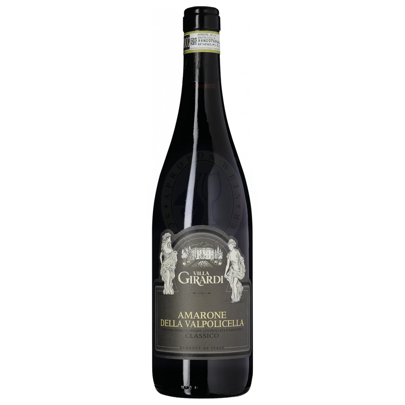 644823 Product Der Amarone della Valpolicella DOCG 2019 von Villa Girardi ist ein kraftvoller, vielschichtiger Rotwein aus Venetien, der die Essenz dieser weltberühmten Weinregion mit Würde und Tiefe widerspiegelt. Im Glas präsentiert er sich in tiefem Rubinrot mit granatroten Reflexen. Das Bouquet ist intensiv, warm und komplex: Aromen von getrockneten Kirschen, Zwetschgen und dunklen Beeren stehen im Vordergrund, begleitet von Noten nach Bitterschokolade, süßem Tabak, gerösteten Mandeln und feinen Gewürzen wie Zimt, Nelke und Vanille. 8007860750160-2020