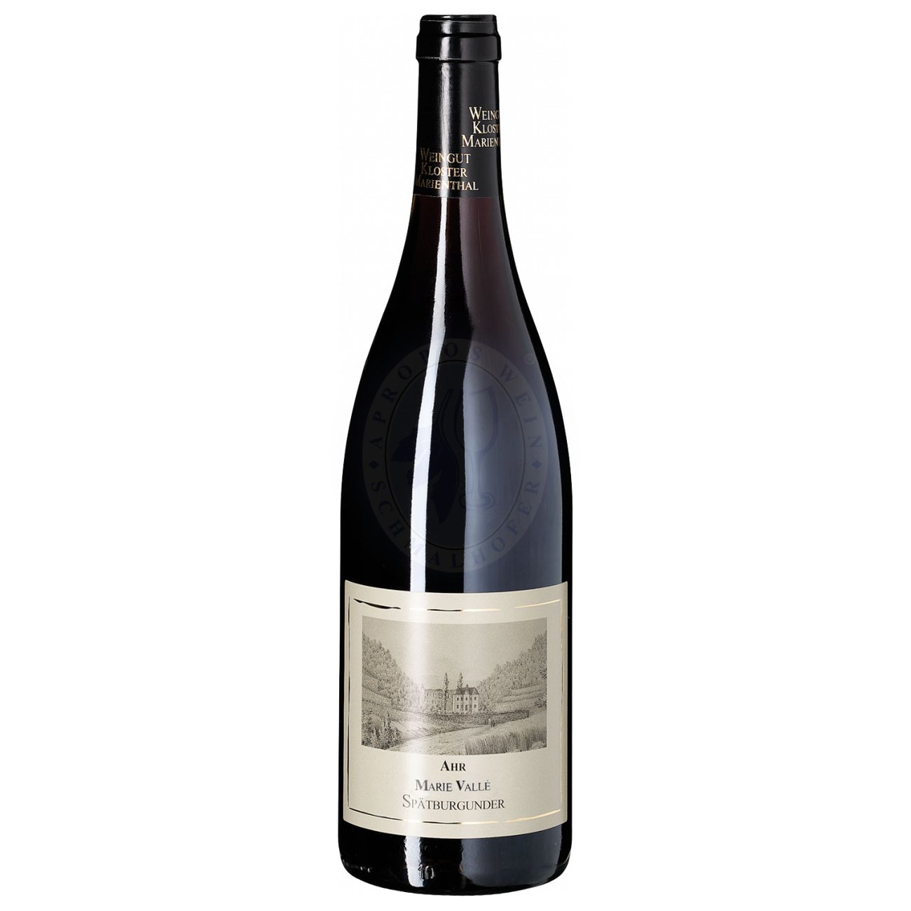 673903 Product Der Spätburgunder Marie Vallé 2022 präsentiert sich in einem klaren, rubinroten Farbton. In der Nase entfalten sich Aromen von roten und dunklen Kirschen, begleitet von einer feinen Würze und einem Hauch von schwarzem Pfeffer. 101539