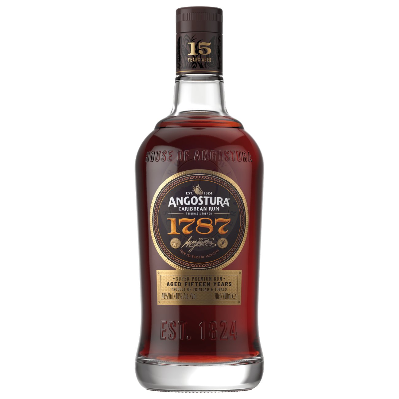 675602 Product Der Angostura 1787 Super-Premium Rum besteht aus einer Auslese von 15 Jahre lang in gebrannten Eiche-fässern gereiften Angostura-Rums. Der mahagonifarbene Blend ist ansprechend ausbalanciert, aus sorgfältig ausgewählten Angostura Rum Qualitäten, mit einer breiten Geschmackspalette von getrockneten Backpflaumen und süßen Eichenholznoten, sowie Nuancen von Toffee. 45634
